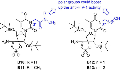 Structures of TSAO with polar groups at the N-3 position of thymine.