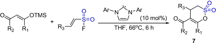 The synthesis of δ-sultones by carbene-catalyzed (3 + 3) annulation.