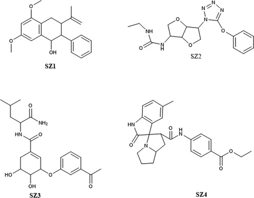 Chemical structures of bioactive compounds identified using MS/MS. SZ1, 5,7-dimethoxy-2-phenyl-3-prop-1-en-2-yl-1,2,3,4-tetrahydronaphthalen-1-ol; SZ2, 5-phenoxytetrazol-1-yl)-2,3,5,6-hexahydrofurofuran-3-ethylurea; SZ3, 3-acetylphenoxy)-N-[(2)-1-amino-4-methyl-1-oxopentan-2-yl]-4,5-dihydroxycyclohexene-1-carboxamide; SZ4, Ethyl 4-[5-methyl-2-oxo-1′,2′,5′,6′,7′,7′a-hexahydro-1H-spiro[indole-3,3′-pyrrolizine]-2′-ylamido] benzoate.