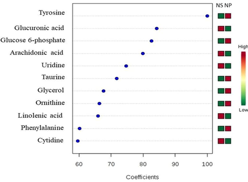 Important features with coefficient scores between 60 and 100 obtained from applying UHPLC-TOF-MS data set on PLS-DA analysis. The coloured boxes on the right indicate the relative intensity of the corresponding metabolites between NS-chicken meat (box at the left) and NP-chicken meat (box at the right).