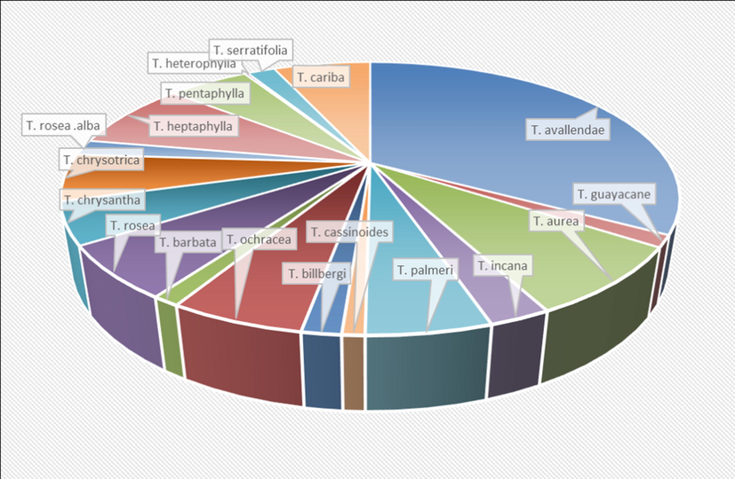 The relative percentage of secondary metabolites isolated from each Tabebuia species.