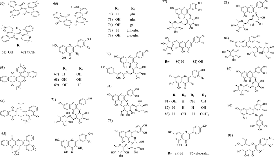 Chemical structures of naphthoquinones and flavonoids isolated from Tabebuia species.