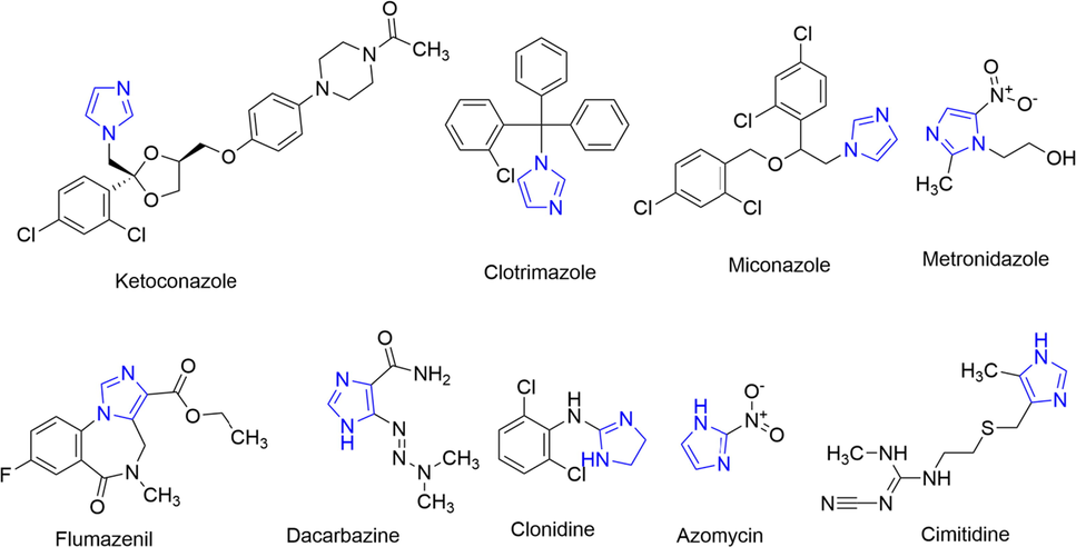 Selected examples of imidazole-containing FDA approved drugs.