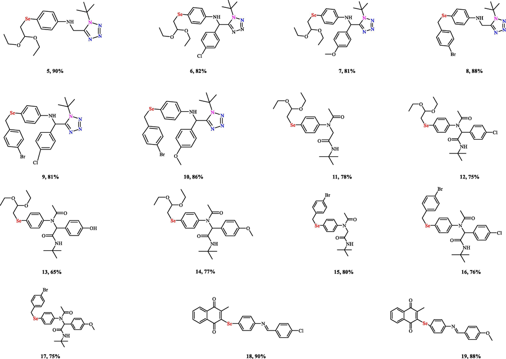 Chemical structures of the organoselenium compounds (5–17) synthesized via U-4CR as well as the selenoquinone-based Schiff bases 18 and 19.