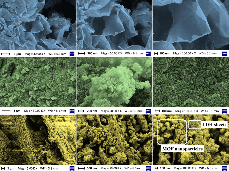 The FESEM images of pure Ni50Co50-LDH (the first row), UiO-66-(Zr)-(COOH)2 (the second row), and LDH/MOF NC (the third row).