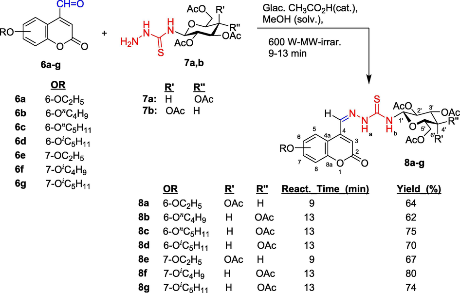 Synthetic path to N-(tetra-O-acetyl-β-d-glycopyranosyl)thiosemicarbazones (8a-g) having coumarin ring. Molecular skeletons were numbered for assigning 1H and 13C NMR spectral data.