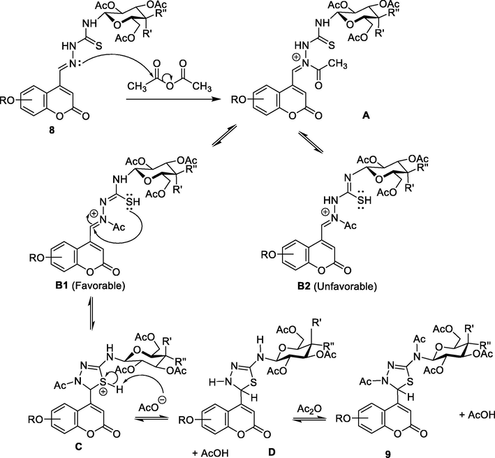 Plausible mechanism for the reaction of thiosemicarbazones 9 with acetic anhydride to form 2,3-dihydro-1,3,4-thiadiazole derivatives.