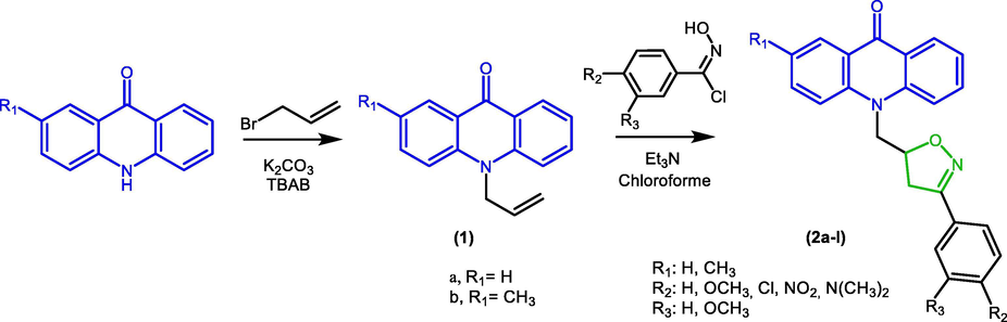 Synthesis route of novel isoxazoline derivatives from acridone (2a-l).