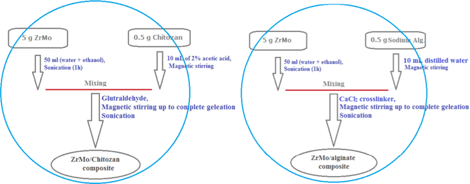 . The synthesis steps of ZrMo/chitozan and ZrMo/alginate composites.