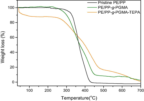 TGA thermograms of pristine PE/PP, PE/PP-g-PGMA and PE/PP-g-PGMA/TEPA samples.