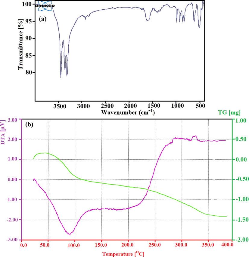 The FT-IR analysis in the range of 500 cm−1 up to 3500 cm−1 for CdO/Chitosan NPs (a) and the TGA diagram for as-synthesized the CdO/Chitosan NPs (b).