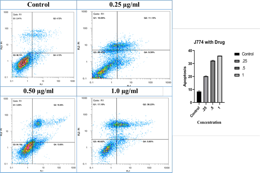 The percentage of the apoptosis macrophages at different concentrations of the CdO/Chitosan NPs such as 0.25 μg/ml, 0.5 μg/ml and 1 μg/ml with control sample (Mean ± SD, n = 2).