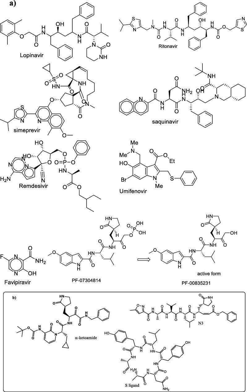 a) Chemical structure of reported drugs used in the treatment of COVID-19; b) standard ligands for SARS-CoV-2 proteins.