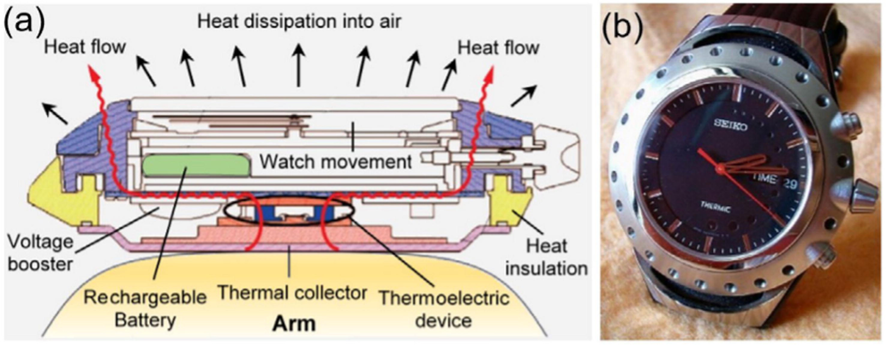 (a) A schematic of the TE wristwatch concept (b) Real TE watch manufactured by Seiko. ()