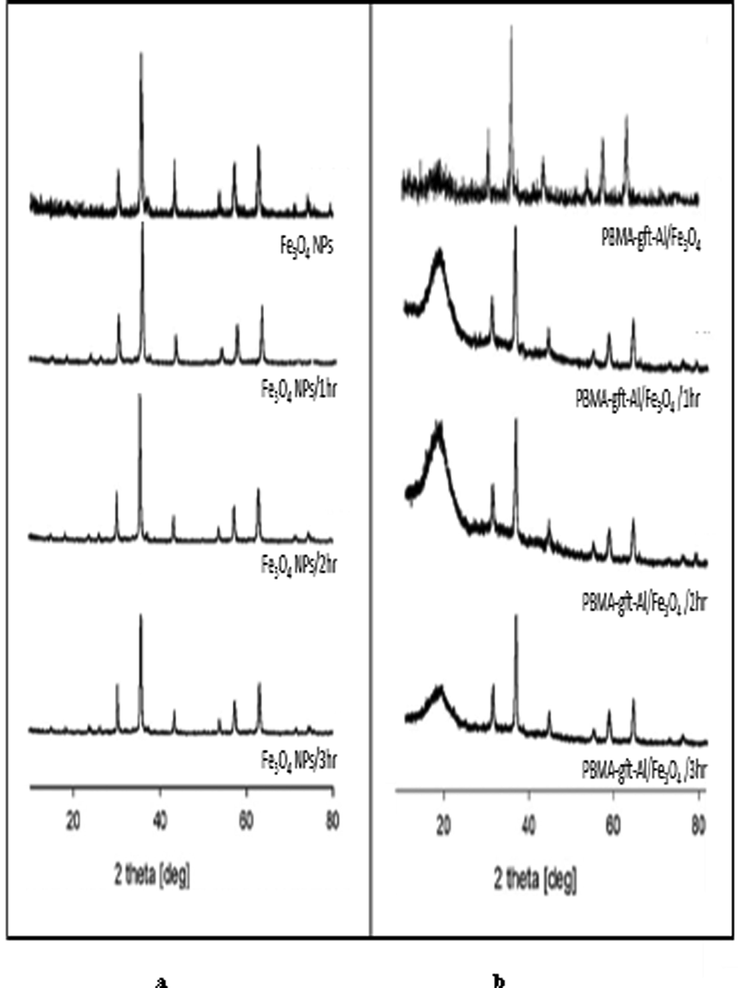 X-ray diffraction patterns of Fe3O4 NPs and PBMA-gft-Alg/Fe3O4 at different time hot-dib coating.