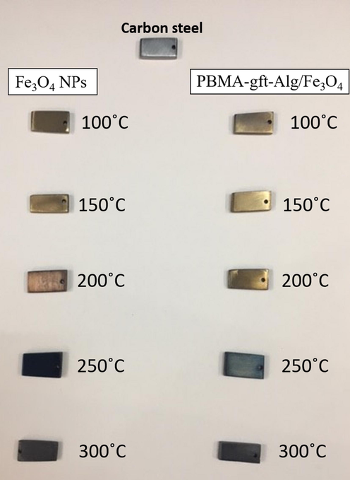 Morphologies of carbon steel after coating by Fe3O4 NPs and PBMA-gft-Al/Fe3O4 at different temperature from 100 to 300 °C.