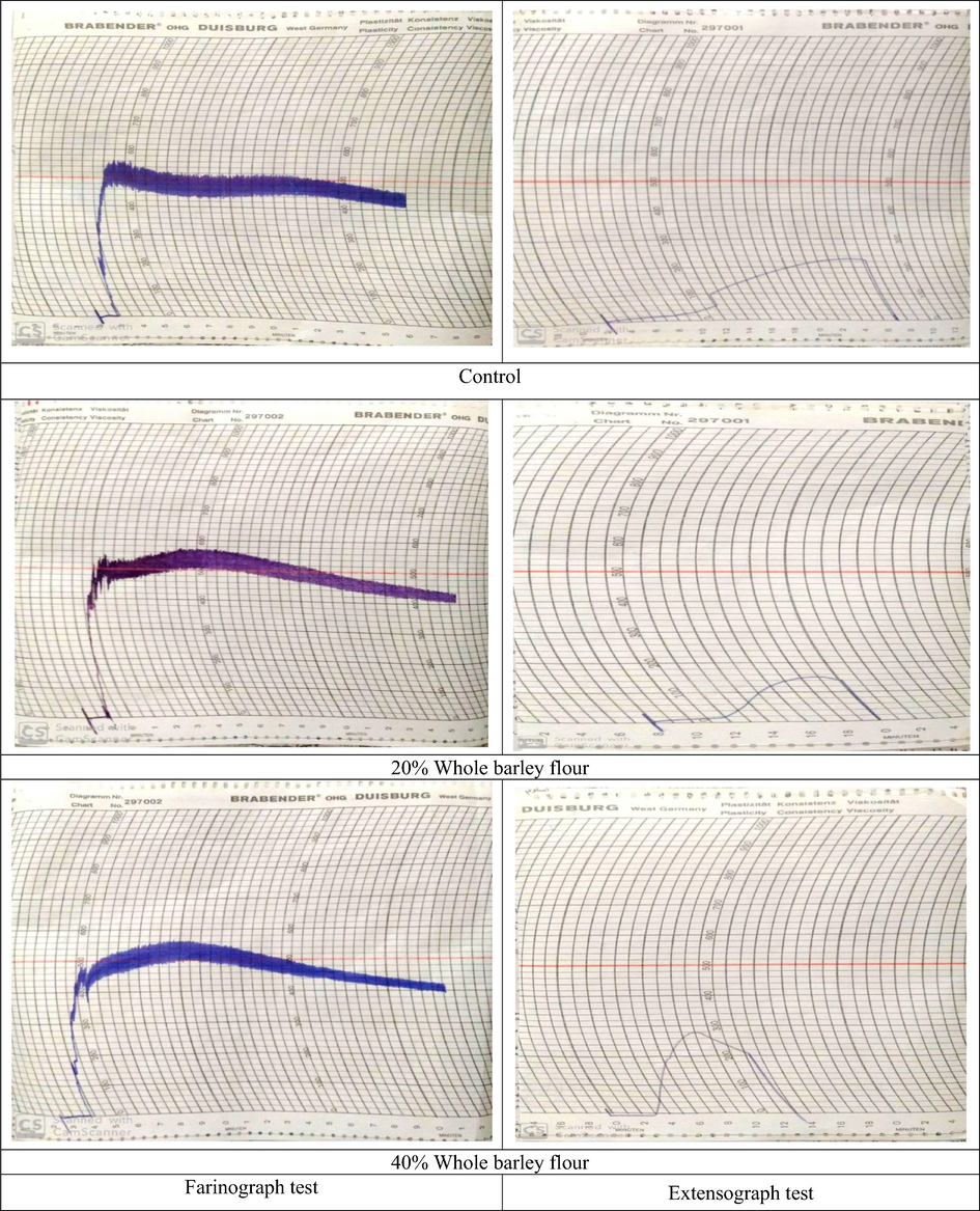 Farinograph and extensograph test of wheat flour supplemented with different concentrations of whole barley flour.