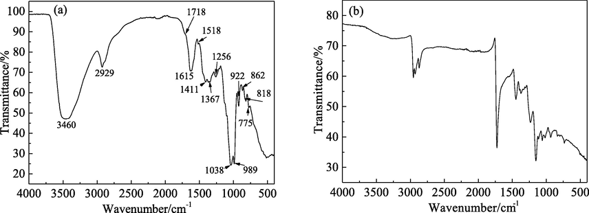 FT-IR spectra for (a) PPE and (b) PPE film on mild steel surface.