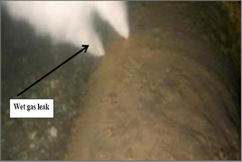 Photo of TLC pipeline failure (under water) caused by the condensation of water vapor on the top of the pipe in presence of CO2 and volatile organic acids (acetic and formic acid). (Ajayi, 2015).