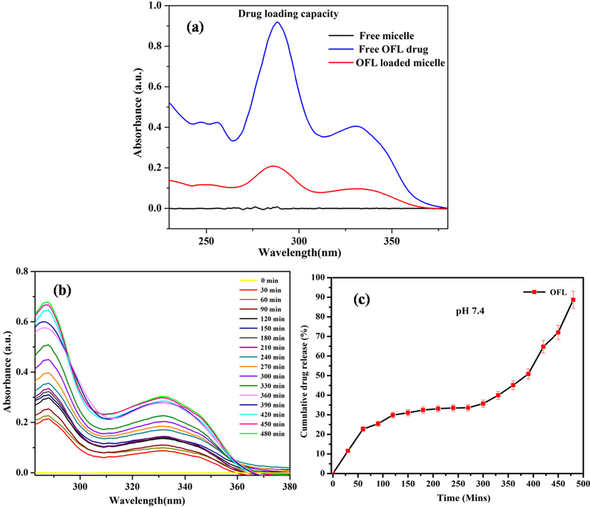 (a) Loading capacity; (b) In-vitro release of OFL from OFL loaded GG-g-PCL-RA-B-GHS micelle at pH 7.4, and (c) Cumulative drug releases.