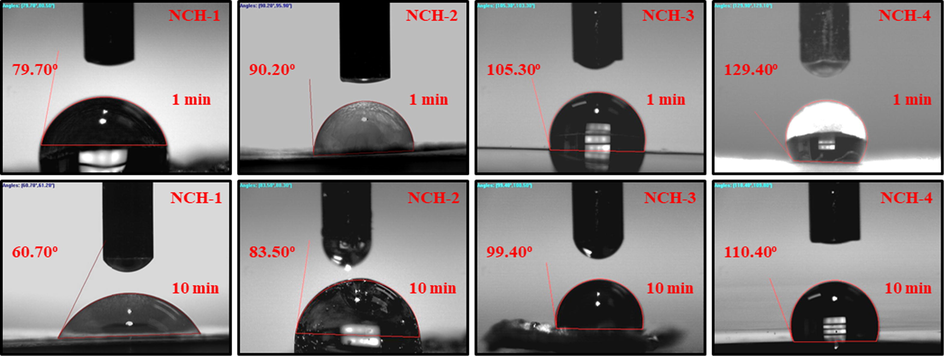 Wetting nanocomposite hydrogel behavior at a different time interval (1 and 10 min) hydrophilicity and hydrophobicity of all composite hydrogels at zero second time.