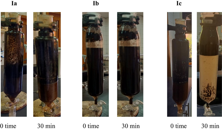 Photos of petroleum crude oil water emulsions in the presence of IL at 0 time and after 30 min for 1500 ppm.