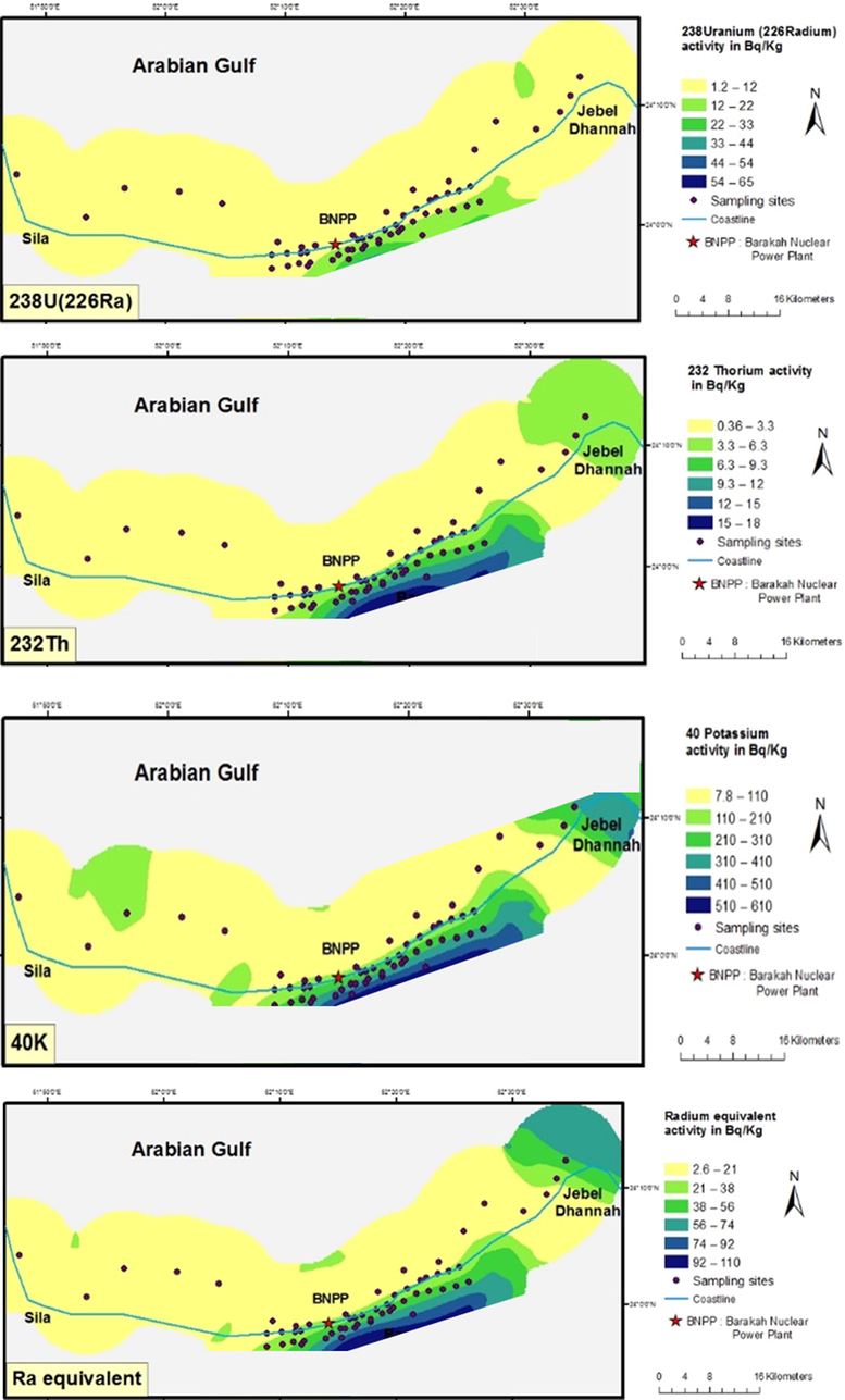 Spatial distribution maps of the radionuclide activities of 238U (226Ra), 232Th and 40K (in Bq/kg) and the Raeq (in Bq/kg) around the Barakah NPP.