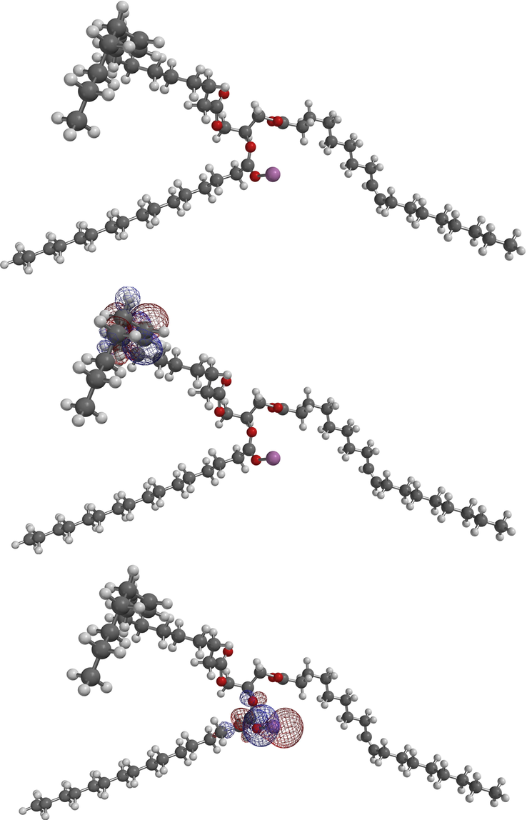 Equilibrium geometry, HOMO and LUMO plots for 2-PAL model, aluminum palmitoyl moiety cation in the C-2 on glycerol moiety.