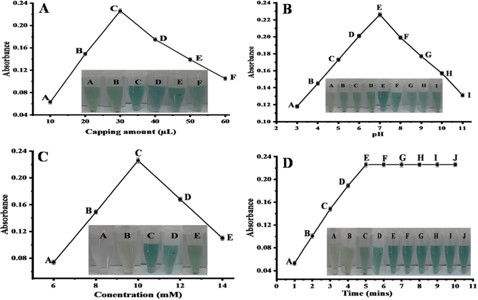 (A) The effect of capping amount (μL). The best colorimetric change was observed at 30 μL capped nanoparticles, 180 μL TMB solution (10 mM), 550 μL buffer solution (6 mM), and 100 μL H2O2 solution (3.6 × 10−7 M). (B) Optimization of pH in the range of pH (3–11), under optimized conditions: 30 μL capped nanoparticles, 180 μL TMB solution (10 mM), 550 μL buffer solution (6 mM) and 100 μL H2O2 solution (3.6 × 10−7 M). (C) Optimization of the TMB solution under optimized conditions: 30 μL capped nanoparticles, 180 μL TMB solution (6–14 mM), 550 μL buffer solution (6 mM), and 100 μL H2O2 solution (3.6 × 10−7 M). (D) Time optimization (1–10 min), under optimized conditions: 30 μL capped nanoparticles, 180 μL TMB solution (10 mM), 550 μL buffer solution (6 mM), and 100 μL H2O2 solution (3.6 × 10−7 M).