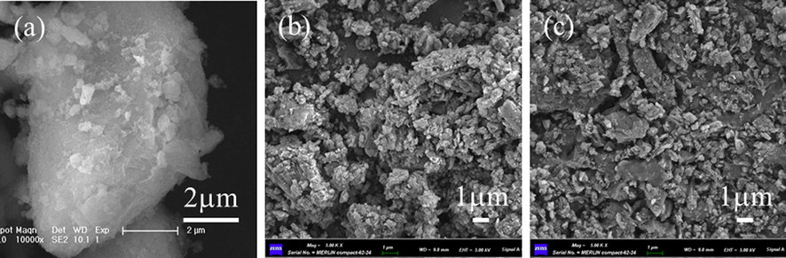 SEM images of (a) sludge, (b) P2 and (c) P5 after doxycycline adsorption.