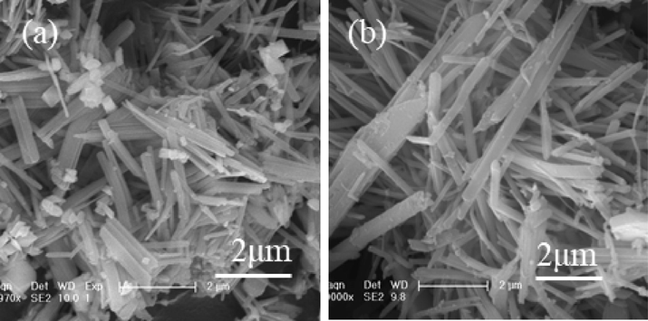 SEM images of KFeS2-bearing products synthesised by the recycling of supernatant (a) without and (b) with the addition of 0.5 M KOH and K2S.
