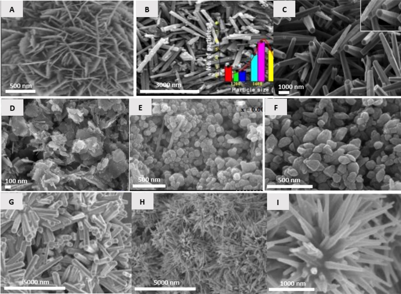 3d metal-doped ZnO morphology synthesized by co-precipitation method, where the nanoflower (A), nanorod (B), nanorod (C), nanosheet-round (D), nanograin (E), nanopyramide (F) Nano sea-urchine (G, H, and I). (reprinted from Labhane et al., 2015; Hui et al., 2017; Thein et al., 2016; Rao & Vanaja, 2015; Ma et al., 2016 & J. Singh et al., 2019a) (Copyright belongs to Scientific Research Publishing).