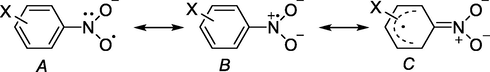 Main resonance structures for substituted nitrobenzene radical anions.