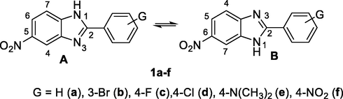 Equilibrium in 2-aryl-5 (or 6)-nitrobenzimidazoles 1a-f.