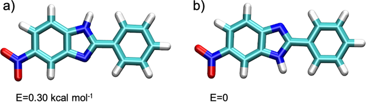 Optimized structures of a) 2-phenyl-5-nitrobenzimidazole and b) 2-phenyl-6-nitrobenzimidazole.