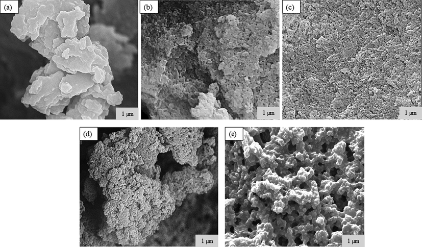 Scanning electron microscopy (SEM) images of (a) SL, (b) LNP6, (c) LNP8, (d) LNP10, and (e) LNP12.