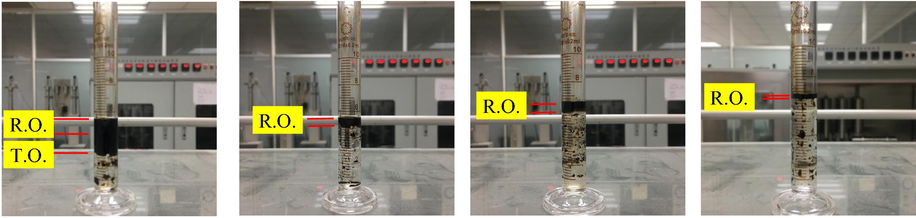 Effluent oil collection results after (a) 1st (b) 2nd (c) 3rd and (d) 4th round of the water huff-n-puff process.