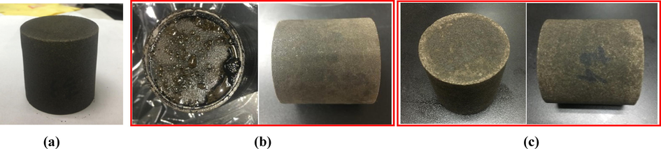 Core images after the (a) oil saturation; (b) 1st and (b) 2nd round CW huff-n-puff processes.