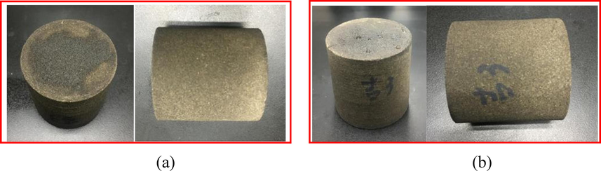 Core images after the (a) 1st and (b) 2nd round CO2 huff-n-puff processes.
