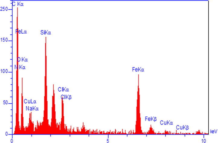 EDX pattern of Fe3O4-NH2@CS/CuO nanocomposite.