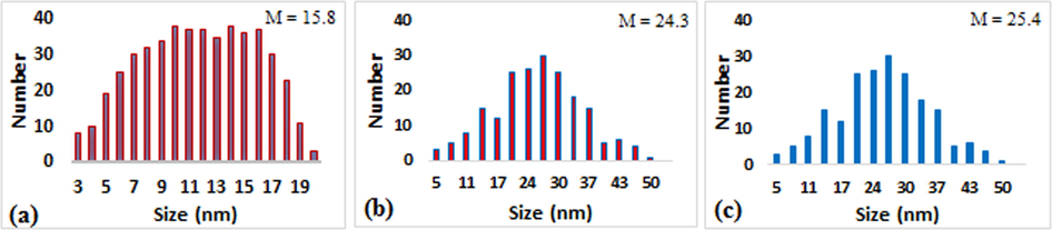 The particle size distribution histograms for (a) Fe3O4, (b) Fe3O4-NH2 and (c) Fe3O4-NH2@CS.