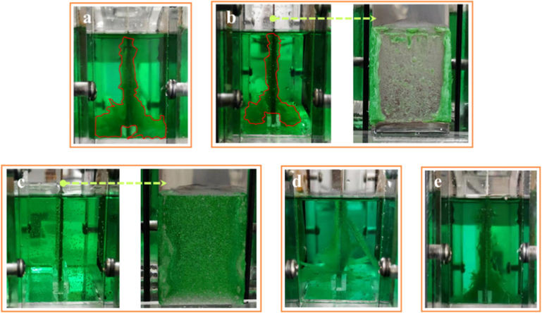 Images of the cathodic chamber for various initial Al content electrodeposition systems: (a) 0%, (b) 5%, (c) 10%, (d) 15% and (e) 20%.
