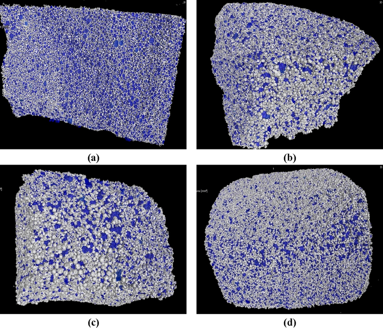 CT images of (a) raw polyurethane elastomer; (b) EF700; (c) EF900; (d) EFAC1. The blue colour represents the pores and the white particles in (b) - (d) are the carbon spheres.