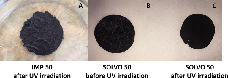 Membrane degradation of IMP (A) and SOLVO (B and C) membranes before and after UV irradiation.