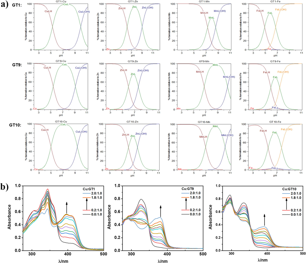 The metal binding characterization of hepatocyte-targeted copper chelators. (a) Species distribution plots measured using potentiometric titrations for the Cu2+, Zn2+, Mn2+ and Fe2+-chelator systems. The sources of Cu2+, Zn2+, Mn2+, and Fe2+ are CuCl2, ZnCl2, MnCl2 and FeCl2, respectively. Potentiometric titrations were performed for the solutions containing the chelators and equimolar amounts of metal ions at 25 °C (I = 0.1 M KCl). (b) Spectrophotometric titrations of chelators (10 mM) with Cu2+ (0–20 mM) at 25 °C.