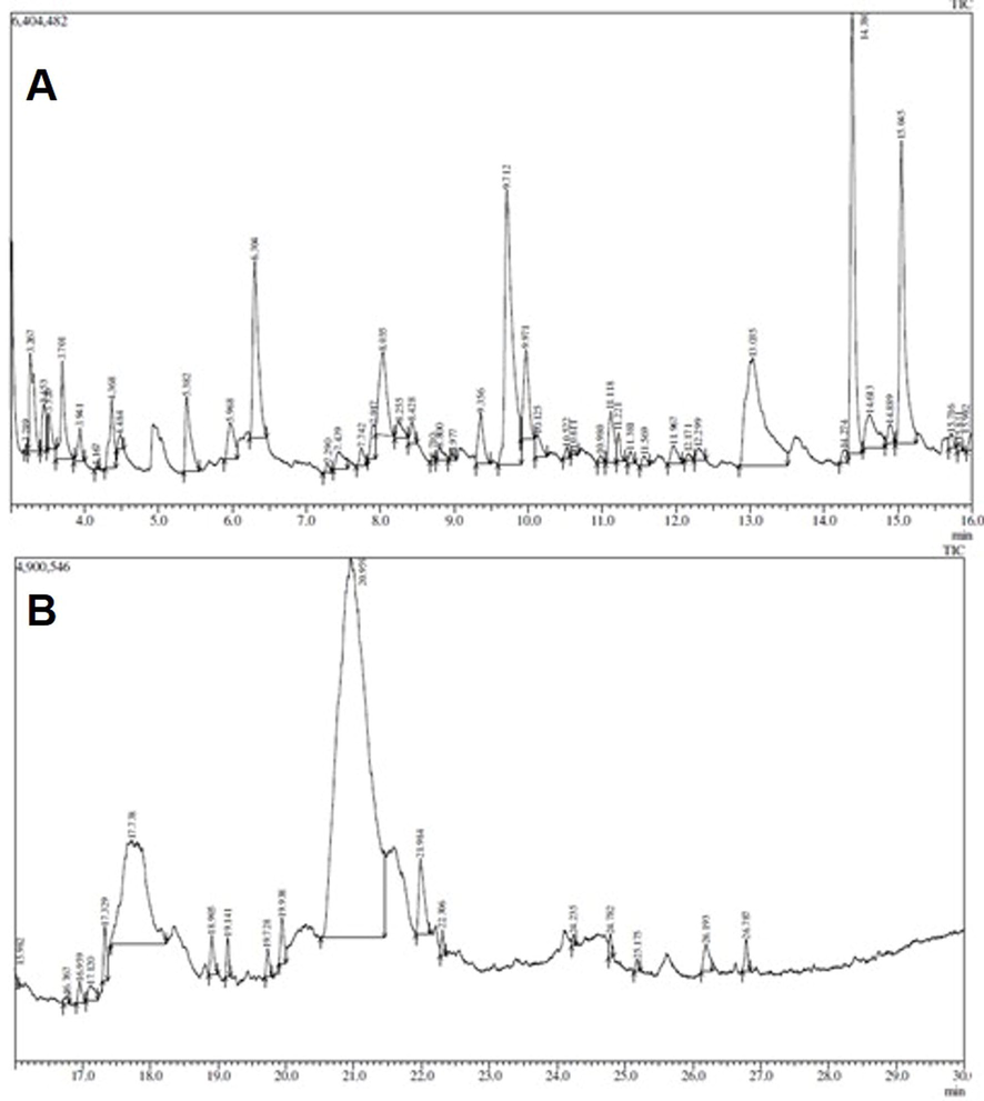 GC-MS/MS chromatogram of methanolic extract (ME) of Schefflera vinosa leaf crude extract.