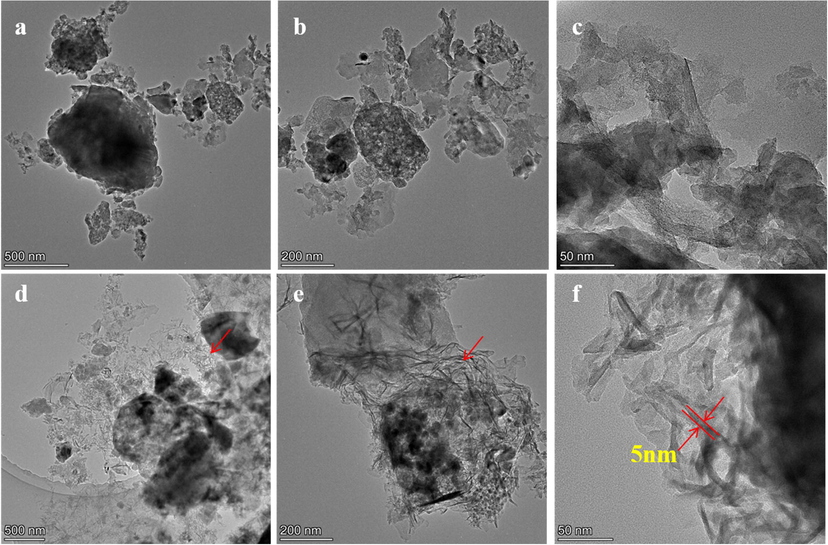 TEM images of BFA (a, b, c) and BFA-GP (d, e, f) at different magnifications.
