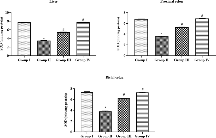 Effect of SAP-Ally-NCs on the SOD activity in the liver and colon tissues of experimental rats, Results were depicted as the mean ± SD from all the discrete groups. One-way ANOVA was applied to illustrate the variations between groups successively Tukey–Kramer’s multiple comparison test. Note: ‘*’ P < 0.05 compared with control and ‘#’ P < 0.05 compared with DMH-provoked group. Group I: control, Group II: 20 mg/kg DMH-challenged animals, Group III & IV: DMH animals supplemented with 10 and 15 µM of SAP-Ally-NCs, respectively.