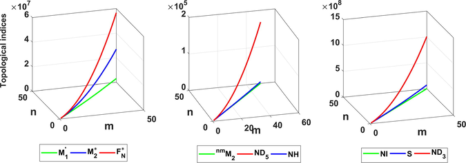 Comparison of different topological indices for TiF 2 [m, n, 1].