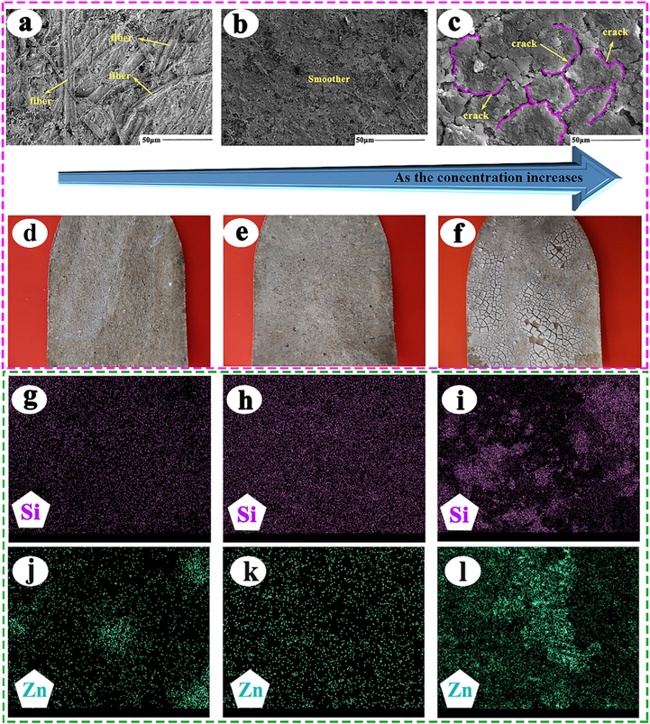 (a), (b) and (c) are scanning electron microscopic morphologies with coating material content of 2%, 4% and 6%, respectively. The macroscopic topography of paper mulch film with (d), (e) and (f) corresponding to 2%, 4% and 6% scanning electron microscope respectively. (g), (h) and (i) are the energy spectra of the distribution of Si elements at 2%, 4% and 6% on the surface of paper mulch film. (j), (k) and (l) are the energy spectra of the distribution of Zn elements at 2%, 4% and 6% on the surface of paper mulch film.